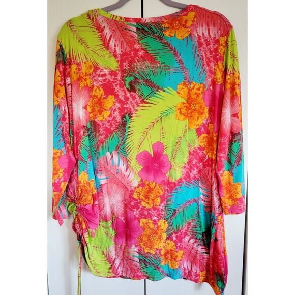 High Fifth 1X Colorful Top Tropical Print Stretch 3/4 Slv Rayon Blend Palm Frond - Picture 2 of 9